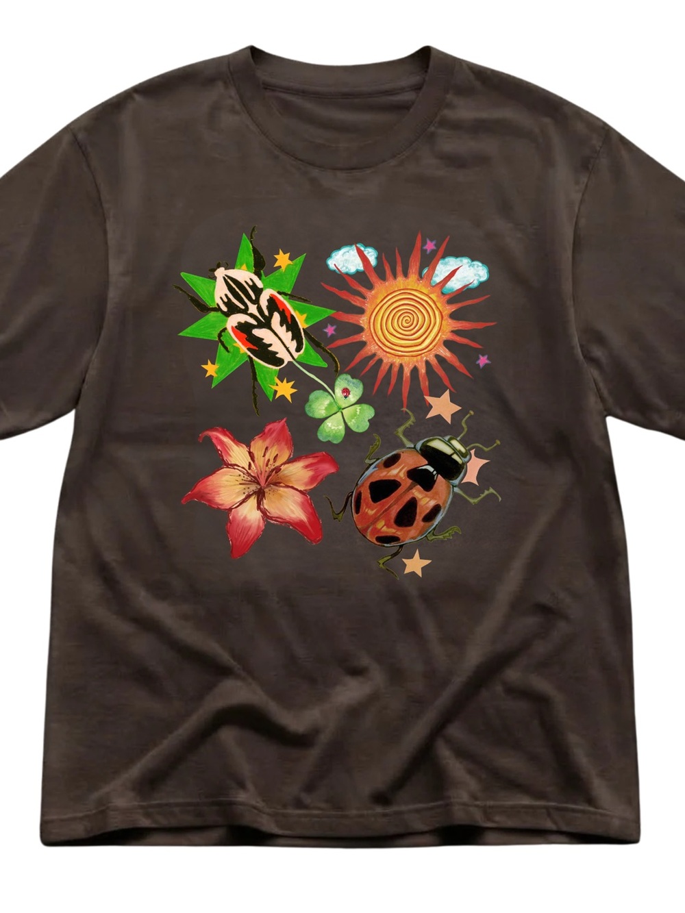 Gildan Graphic Tee with Ladybug & Sun Design - Brown